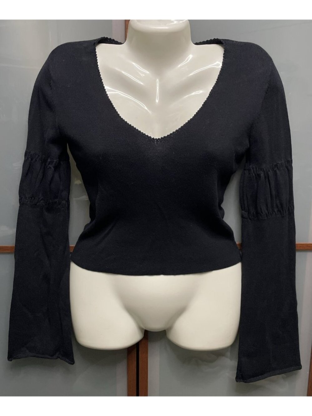 DKNY Jeans Vintage Y2K Black Small Ruched Bell Sleeve Knit Sweater Top Goth Emo